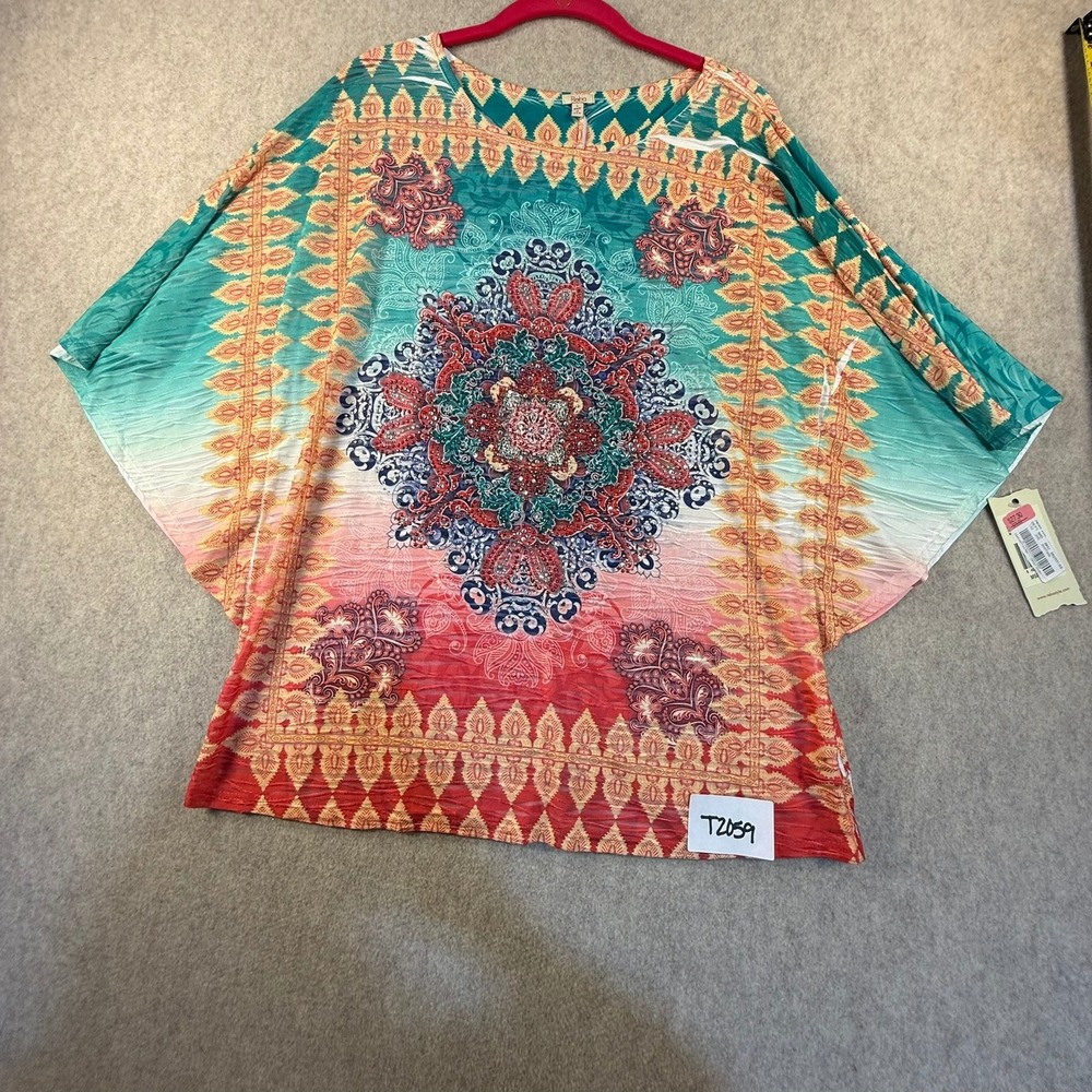 Reba McEntire Mandala Paisley Rhinestone Dolman Blouse Top Teal Red LNWT Y2K